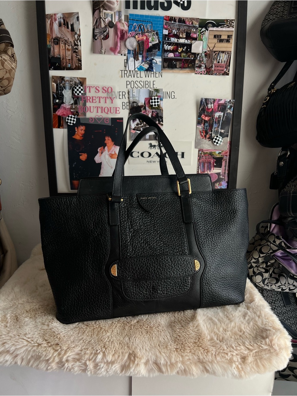Marc Jacobs Black Pebbled Leather Tote with Gold Accents